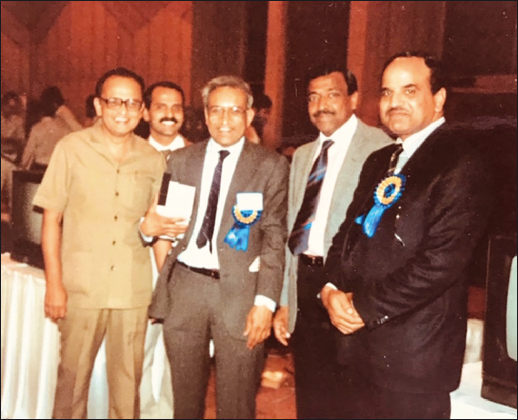 1992 IAS meeting during IOA annual meeting (From left to right: Dr. Pravin Vohra [Bombay], Dr. Nicholas Antao, Dr. Dinesh Patel [Boston, USA], Dr. Gopalkrishnan [Texas, USA], and Dr. SS Yadav [President IOA]).