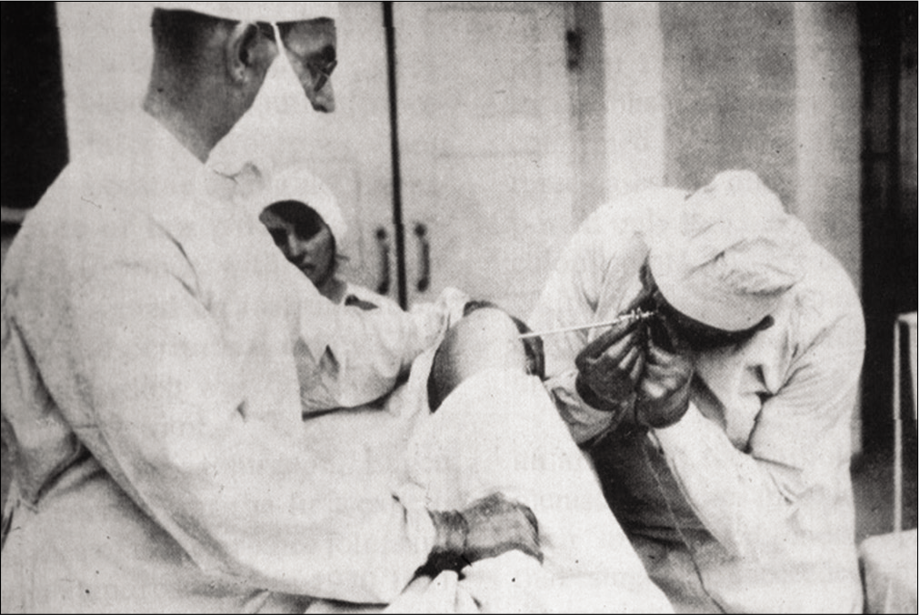 Eugen Bircher performing knee arthroscopy in the 1920s. Reprinted from The Journal of Arthroscopic and Related Surgery, Vol 19, no. 7, Kieser CW, Jackson RW, Eugen Bircher (1882–1956) the first knee surgeon to use diagnostic arthroscopy, p 773., Copyright 2003, with permission from Elsevier.