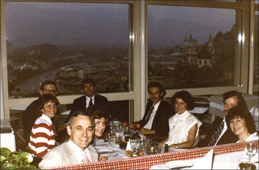 Terry Whipple, Gary Poehling and James Roth at the Winkler Hotel in Salzburg, Austria during the 1985 International Knee Association meeting. All three were interested in hand and wrist surgery. They agreed on a strategy to introduce wrist arthroscopy to the USA: Whipple would develop a teaching model, Poehling organized a course, and Roth wrote a paper. Courtesy Gary Poehling.