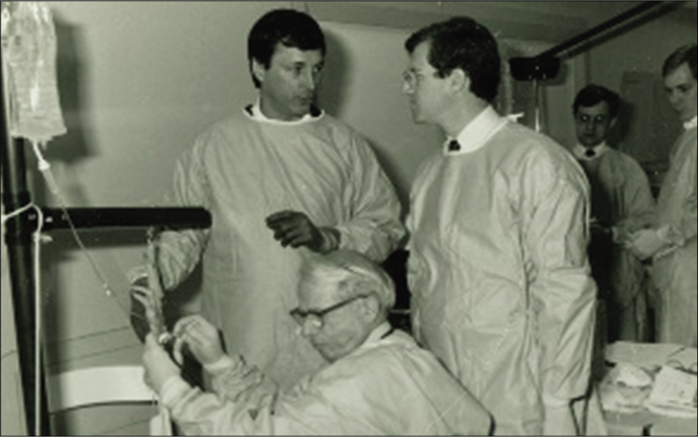 Leonard Goldner (USA, center bottom) performs his first wrist arthroscopy at the first Wrist Course in 1986. A young Bill Cooney (center top) and Andy Koman (right) look on. Both later made significant contributions to the development of wrist arthroscopy. Courtesy Gary Poehling.