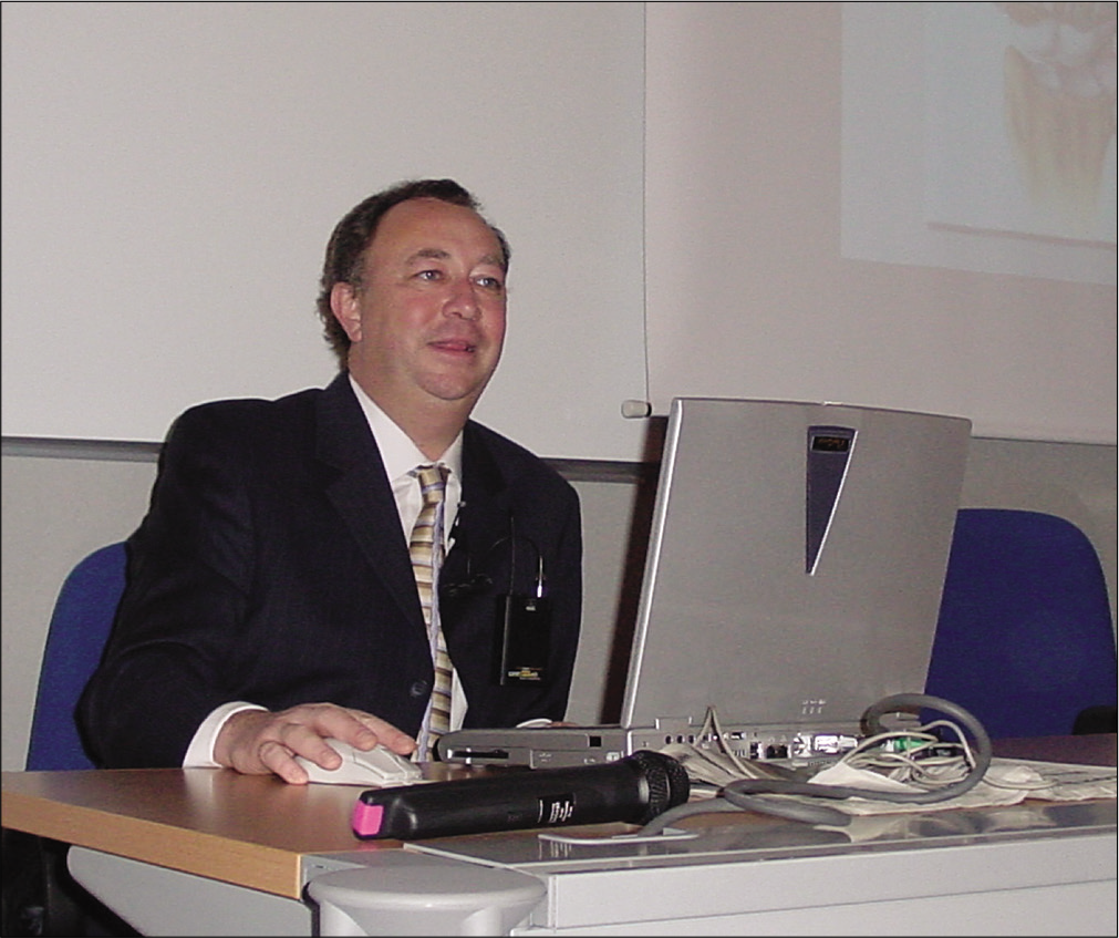 Christophe Mathoulin (France) as a guest speaker at the 3rd Italian Wrist Course, 2003. He has played a significant role in creating the European Wrist Arthroscopy Society, which has run courses all over the world. EWAS evolved into the International Wrist Arthroscopy Society in 2019. Courtesy Riccardo Luchetti.