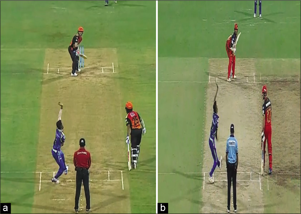 (a) Improper landing leading to slip during bowling, (b) proper landing during bowling. Courtesy: YouTube videos.