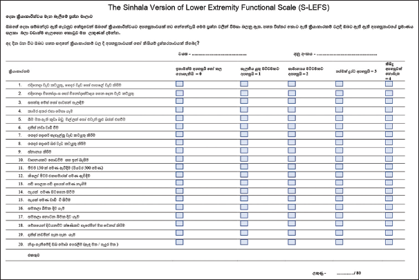 Lower extremity functional scale Sinhala version (Cross culturally adapted and validated).